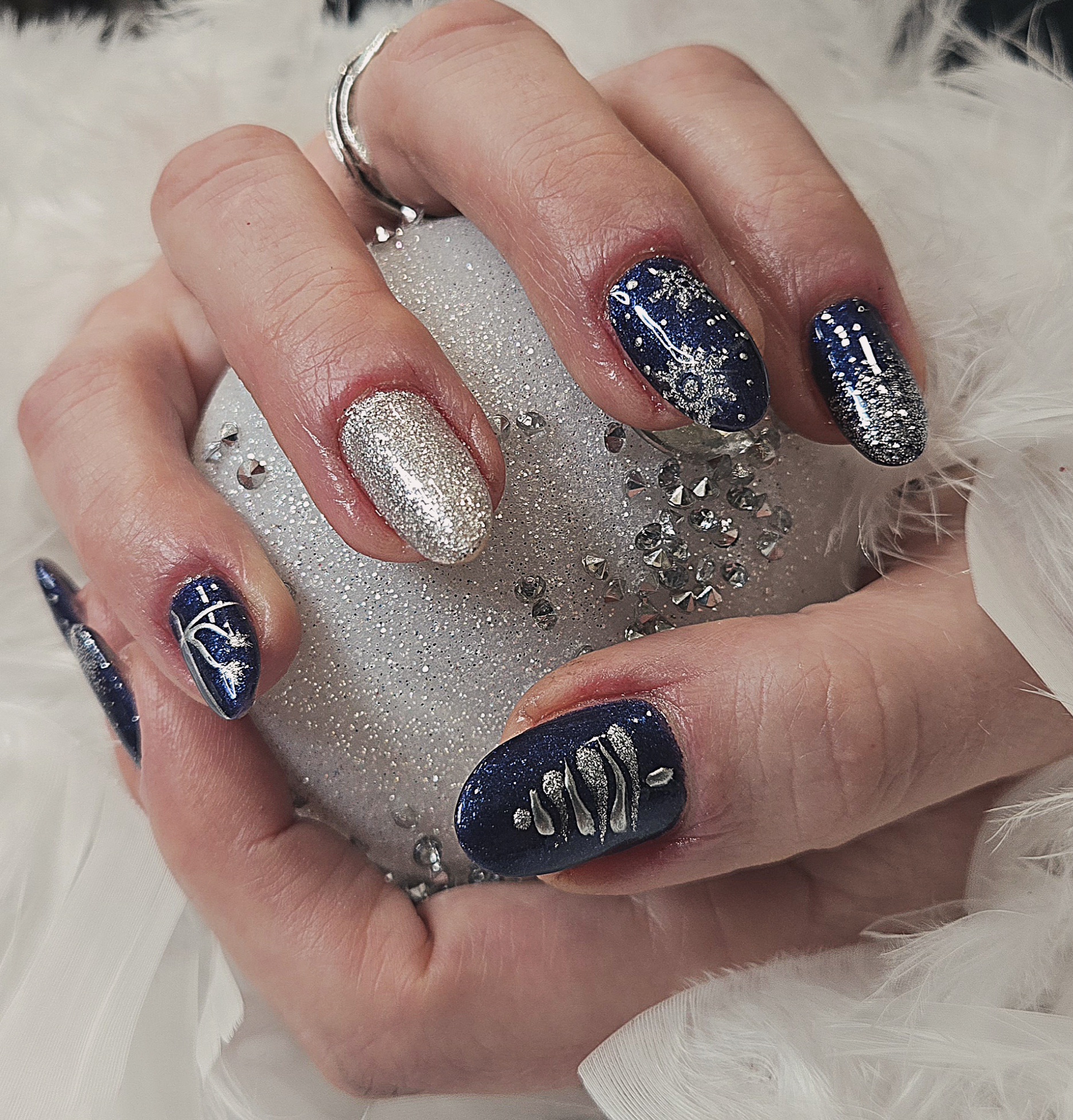 Navy and silver sparkle nails